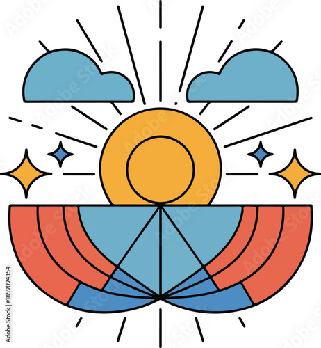 Vibrant Sunrise Vector Graphic Illustration with Stylized Clouds and Radiant Sunbeams Perfect for Modern Designs