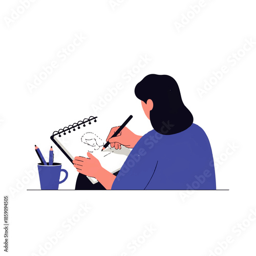 Flat illustration of an artist sketching in a notebook, with pencils in a cup. Represents creativity, art, hobbies, and learning to draw.