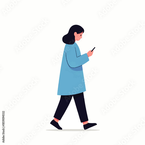 Minimalist illustration of a woman walking while engrossed in her smartphone, highlighting modern mobile device usage and connectivity.