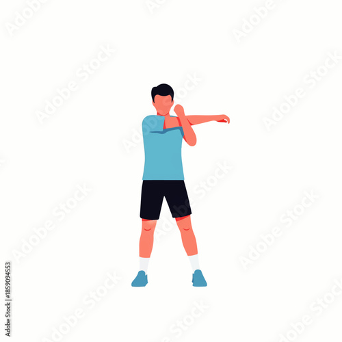 A man in athletic wear performing a shoulder stretch. Ideal for fitness, warm-up, cool-down, and exercise routines.