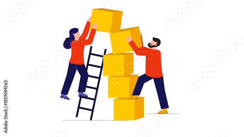 Two coworkers collaborate with a ladder and stacked yellow boxes, showing teamwork, effort, and support as they build a structure. This image conveys cooperation, progress, collective problem solving