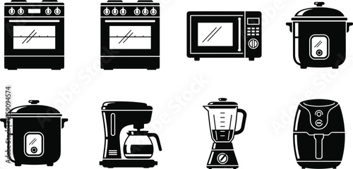 Black vector icons of kitchen appliances including stove, microwave, rice cooker, blender, coffee maker, and air fryer on white.
