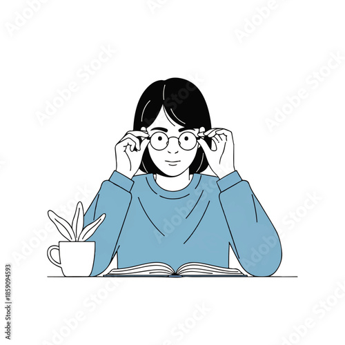 Illustration of a focused young woman adjusting her glasses while reading a book, with a plant and a mug nearby. Represents study, concentration, and intellectual pursuit.