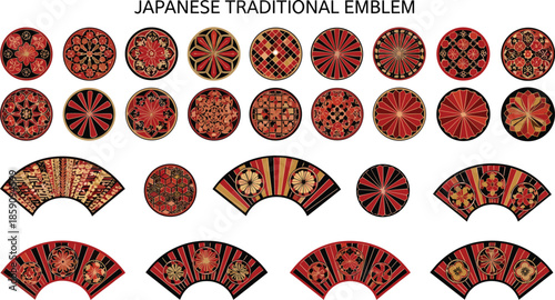 Japanese traditional emblem, cultural motif, floral pattern, geometric design, red black gold, heritage symbol, circular fan shape -flat vector illustration
