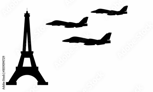 Vector silhouette of Eiffel Tower and jets. Minimalist design for French national events or air show posters with horizontal copy space.