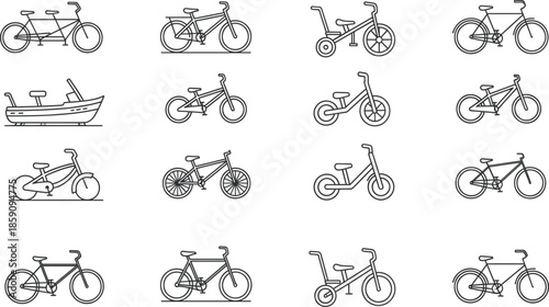 Blue Line Vector Set of Bicycles, Tricycles, Tandems, and Pedal Vehicles for Transportation, Recreation, Kids, Fitness, and Outdoor Design