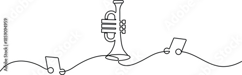 Minimalist continuous one-line drawing of a trumpet with music notes. Sleek black outline vector for jazz, orchestra, and melody themes.