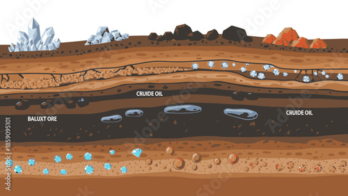 Illustration of geological deposits with layers of rock, soil, and crude oil reservoirs, showcasing a cross-section of the earth's subsurface formations.