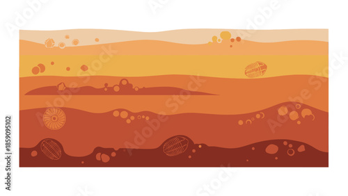 Illustration of geological deposits in layers of orange and brown hues with varying textures and bubbles.