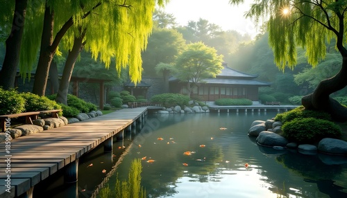 Serene Japanese Garden with Wooden Pier