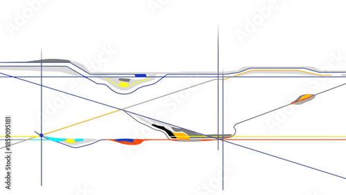 A colorful illustration of geological deposits with multicolored layers and intersecting lines on a white background, showcasing a complex pattern with vibrant hues and detailed textures.