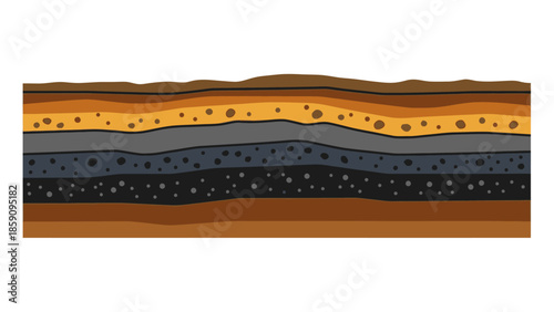 Horizontal illustration of layered geological deposits with varying textures and colors against a white background.