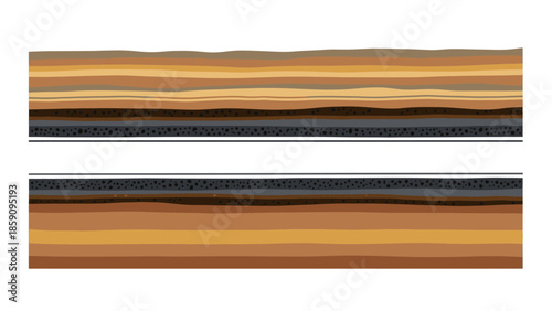 A close-up view of layered geological deposits with varying earth tones on a white background.
