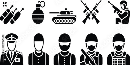 Military icon set, soldier silhouettes, weapons and gear, tactical graphics, army symbols, black vector, combat elements
