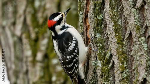 Captivating woodpecker pecking for food and insects on a tree trunk in natural habitat environment