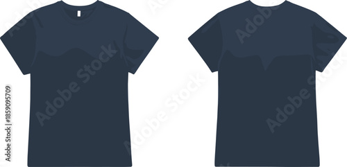 Navy blue t-shirt front and back view, scalloped design, crew neck, short sleeve, fashion mockup, apparel template, garment sketch