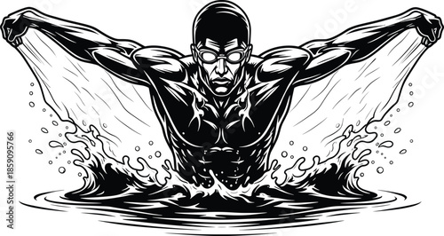 Butterfly stroke swimmer in black and white vector style with water splash motion for sports, fitness, and competition illustration design