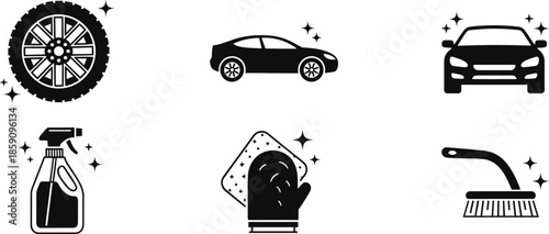 Car cleaning icons with sparkle effect showing tire, vehicle, spray bottle, mitt, sponge, and brush for auto detailing