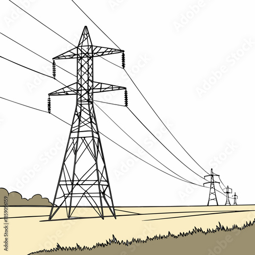 Electricity transmission tower in open field