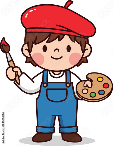 Cartoon artist character in red beret holding colorful paint palette and brush, cheerful creative illustration for art design education content