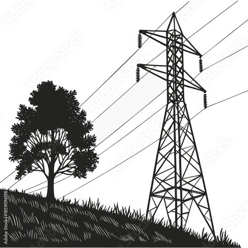 Power line tower silhouetted against sky
