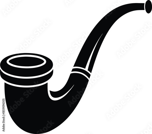 Black silhouette of a smoking pipe with curved stem and bowl on white background