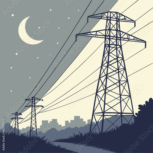 Nighttime power lines over cityscape