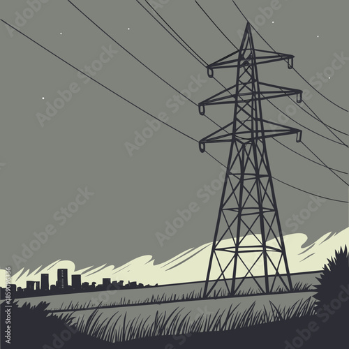 Power line tower overlooking cityscape