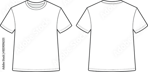 Plain t-shirt template, front and back view, short sleeve sketch, crew neck design, fashion flat, garment mockup, vector illustration