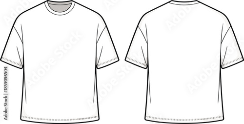 Plain white t-shirt sketch, front and back view, crew neck tee, fashion template, apparel design, garment illustration, vector outline, mockup
