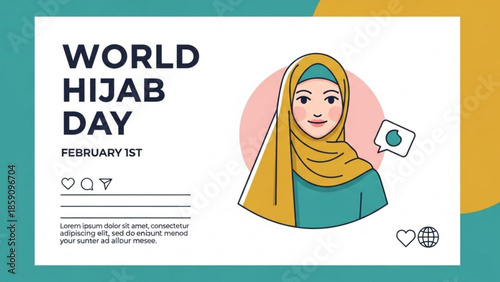 World Hijab Day illustration featuring a woman in a yellow hijab and teal top with social media icons and text celebrating Muslim women and culture