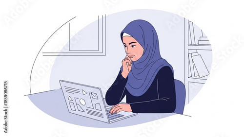 Young Muslim woman wearing hijab working on a laptop focused on online learning or remote work flat vector illustration