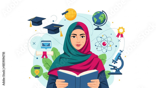 Muslim woman in hijab reading a book surrounded by education and science icons representing knowledge and learning flat vector illustration