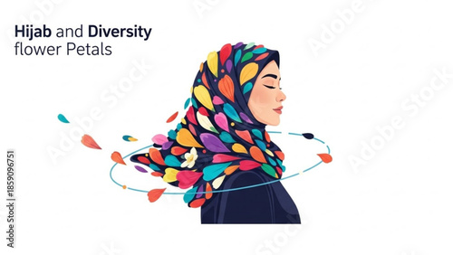 Diverse woman in colorful hijab with flower petal pattern representing unity and individuality isolated on white background