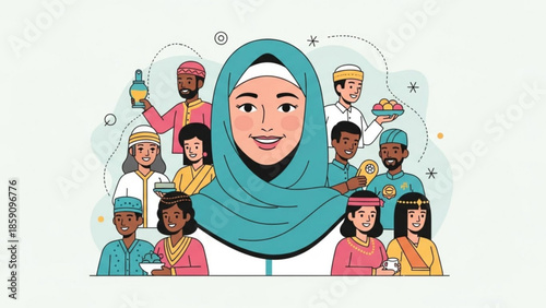Diverse Muslim community portrait people of different ages and ethnicities celebrating together flat vector illustration for cultural events and unity 