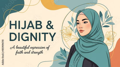 Woman wearing a teal hijab with floral accents representing faith and dignity in a modern flat illustration style