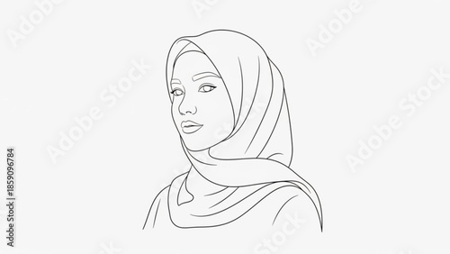 Line art portrait of a Muslim woman wearing a hijab minimalist vector illustration for cultural representation and fashion concepts isolated on white