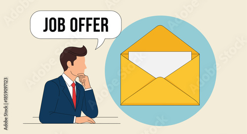 Cartoon businessman receiving job offer at desk, career opportunity, employment concept, recruitment message, professional success,