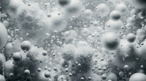 Monochrome abstract microscopic spheres with honeycomb texture and bubbles. Generative AI. 