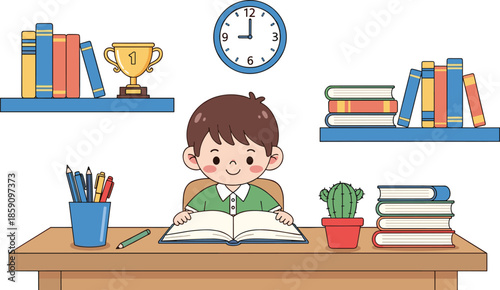 Cartoon child reading book at study desk with school supplies, bookshelves, clock, trophy, and cactus in learning environment