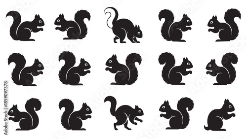 Collection of Black Silhouette Squirrels in Various Poses for Creative Design Projects