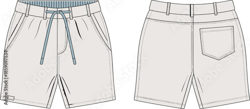 Shorts technical sketch, front and back view, elastic waistband, drawstring, patch pocket, fashion template, apparel design, vector illustration