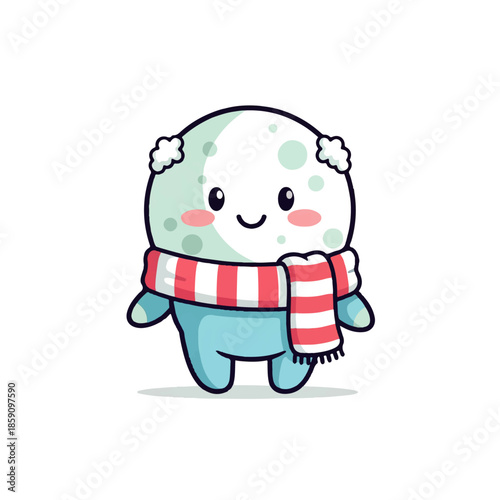 Adorable kawaii style illustration of a friendly moon-like creature wearing a cozy red and white striped scarf, smiling with rosy cheeks, isolated on a white background.