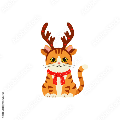 A cute cartoon orange tabby cat wearing festive reindeer antlers and a red polka-dot scarf, perfect for Christmas and holiday designs. Isolated on white.