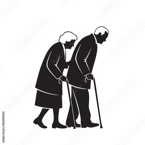 Elderly Couple Walking with Canes Isolated on Transparent Background