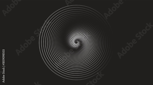 A grayscale illustration of a face made of tiny dots forming a spiral pattern