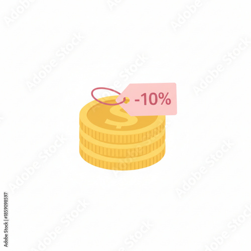 Illustration of stacked coins with discount tag, symbolizing savings, price cuts, and smart shopping concepts.