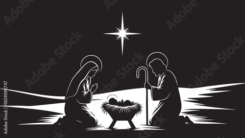 Religious Nativity Scene Depiction of Mary and Joseph with Baby Jesus in a Simple Silhouette Illustration