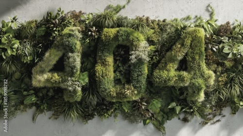 The numbers 404 crafted from lush green plants and foliage, showcasing vibrant shades of emerald and moss,