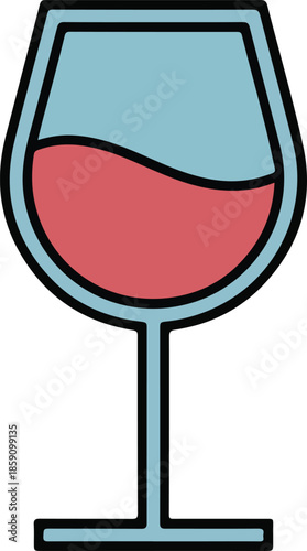 Wine Glass Vector Graphic Illustration with Red Wine and Blue Outline Design Element
